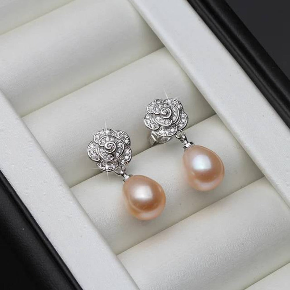 Genuine Freshwater Pearl & Simulated Diamond Floral Drop Earrings-2